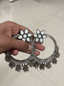 Silver Tone Floral Hoop Earrings