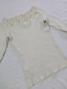 Off White Lace Work Winter Wear
