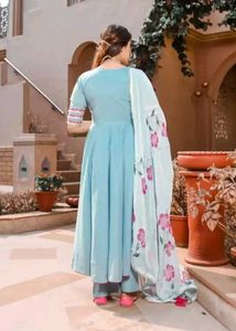 Sky Blue Floral Anarkali Suit Set