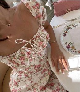 Pink  Floral Printed Shoulder Strap Flare Dress
