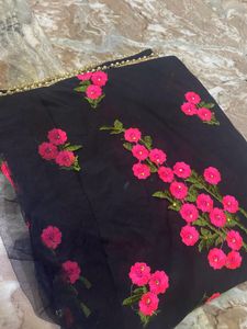 Black Floral Net Saree