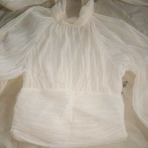 Zara Cream High Neck Pleated Top