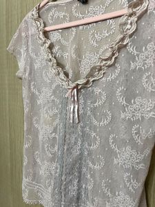 Coquette Romantic Sheer Lace Ruffle Neck Blouse