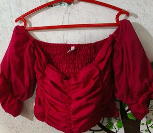 More Reddish Pink  Puff Sleeve Crop Top