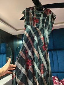 satin maxi..Plaid Dress with Floral Accents