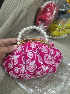 Pink Embroidery Potli Clutch With Pearl Handle