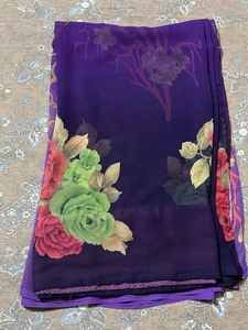 chiffon purple and blue shade flower print saree
