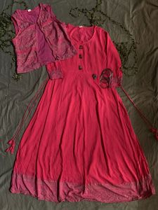 Magenta Ethnic Dress with Vest