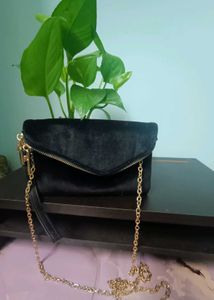 Black Velvet Clutch with Golden Chain
