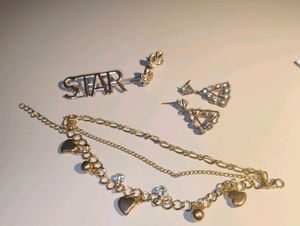 Gold set (Bracelet, bow earrings, stone