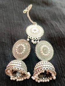 Silver Jhumka Earrings and Maangtika