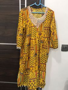 Yellow Printed Kurta With Lace