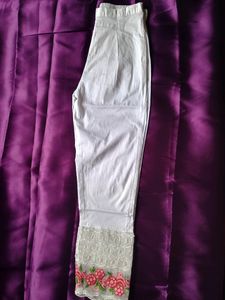 Beautiful White Pants With Pink Embroidery