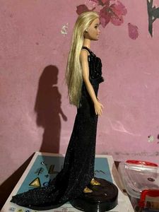 Elegant very long hair Barbie in Black Gown