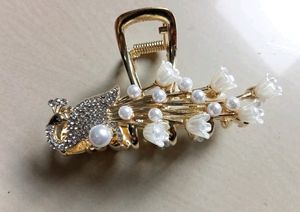 Peacock Golden With Pearl Beads Metal Hair Claw