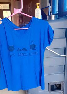 Blue Graphic Tee: Cats, Books, Coffee