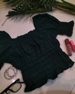 Dark Green Plaid Puff Sleeve Top