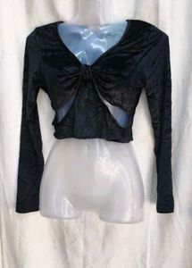 192812. Black Velvet Tie Front Crop Top