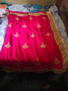 Rani Pink Chiffon Saree With Heavy Golden Border |