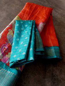 Orange Saree with Scenic Bird &amp; Tree Print