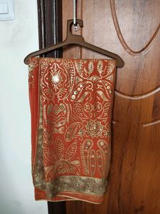 Heavy Chipwork Orange Saree With Blouse