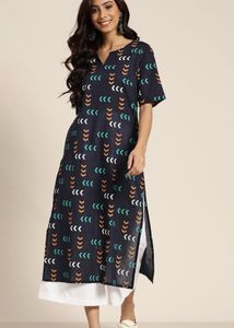 Navy Blue & White Geometric PrintPure Cotton Kurta