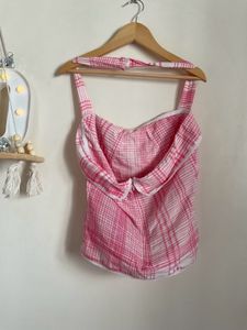 Pink Gingham Print Halter Top