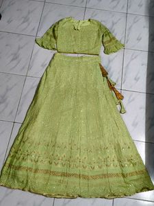 Lime Green Lehenga (Crop Top And Bottom)