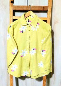 Lemon Colour Cotton Printed Shirt Size-40