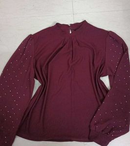 Burgundy Blouse with Beaded Sleeves