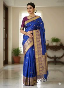 Royal Blue Banarasi Silk Saree no blouse