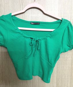 Zara Green Ribbed Tie-Front Top