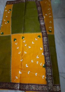Beautiful Hand Painted Yellow &amp; Olive Green Sari