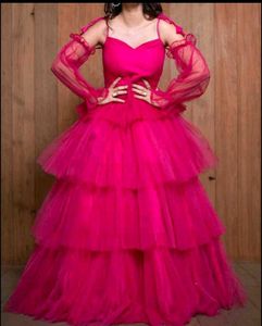 Hot Pink Tulle Tiered Gown