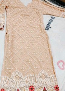 Elegant Beige Embroidered Kurta with Trouser Set