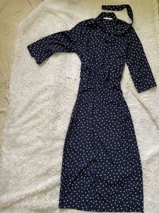 Navy Polka Dot Tie-Neck Midi Dress