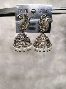 Oxidised Jhumki With White Pearl