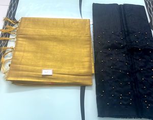 Gold Plain Sareee And Black Blouse