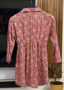 Rust - Floral Print Shirt Dress Size - 34-36