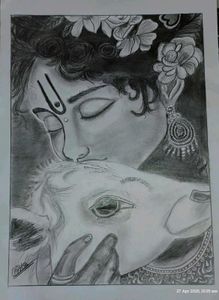 Krishna &amp; Cow Sketch - Hand-Drawn Art