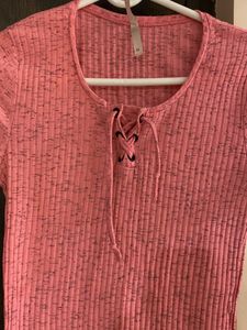 Cute Pink Ribbed Lace-Up Top