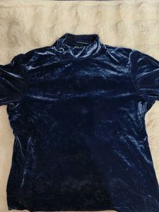 Velvet Dark Blue Mock Neck Top