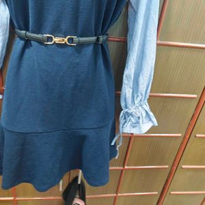 Blue Mini Dress with Striped Sleeves