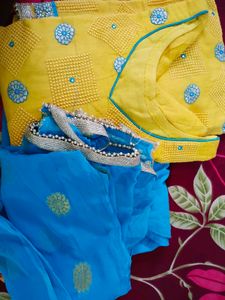 stitched Yellow &amp; Blue Kurta Set with lining