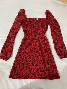 Red Leopard Print Long Sleeve Dress