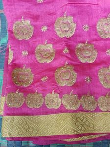Pink &amp; Gold Embroidered Saree With Blouse