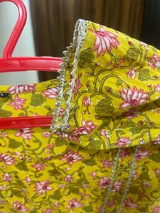 Bright Yellow Floral Block Print Kurta with Lace D
