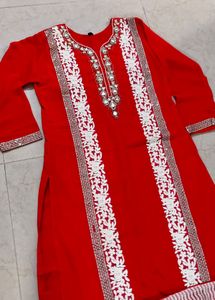 Unused Red Embroidered Kurta