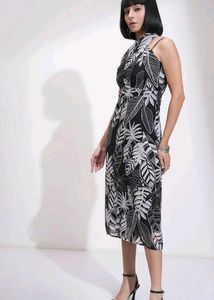 Leaf Print Halter Midi Dress