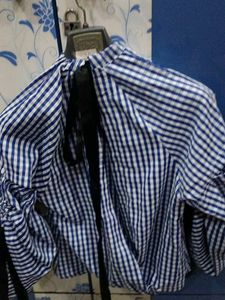 Blue &amp; White Checkered Top puff sleeves